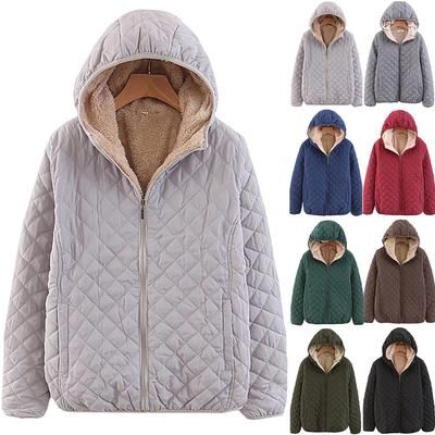 Women's Plus Size Winter Loose Short Fleece Hooded Jacket Solid Colour Warm Zipper Section Outerwear