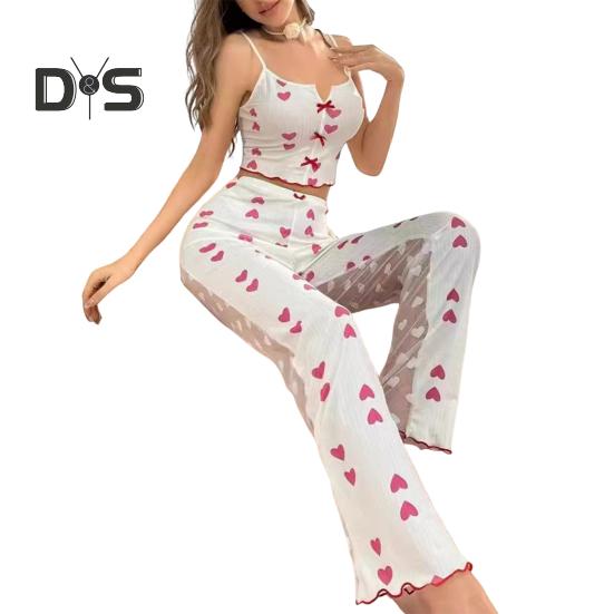 

2 шт./комплект женский жилет брюки костюм бант сердечко принт без рукавов сборка кант топ сетчатые лоскутные брюки домашняя одежда одежда для сна наряд летняя одежда для отдыха M розовый