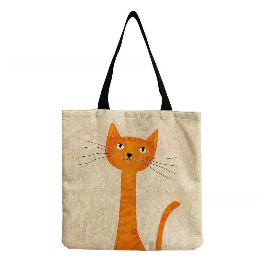Women Vintage Linen Tote Bag - Large Capacity Cat Print Shoulder Handbag for Casual & Grocery Shopping KTB