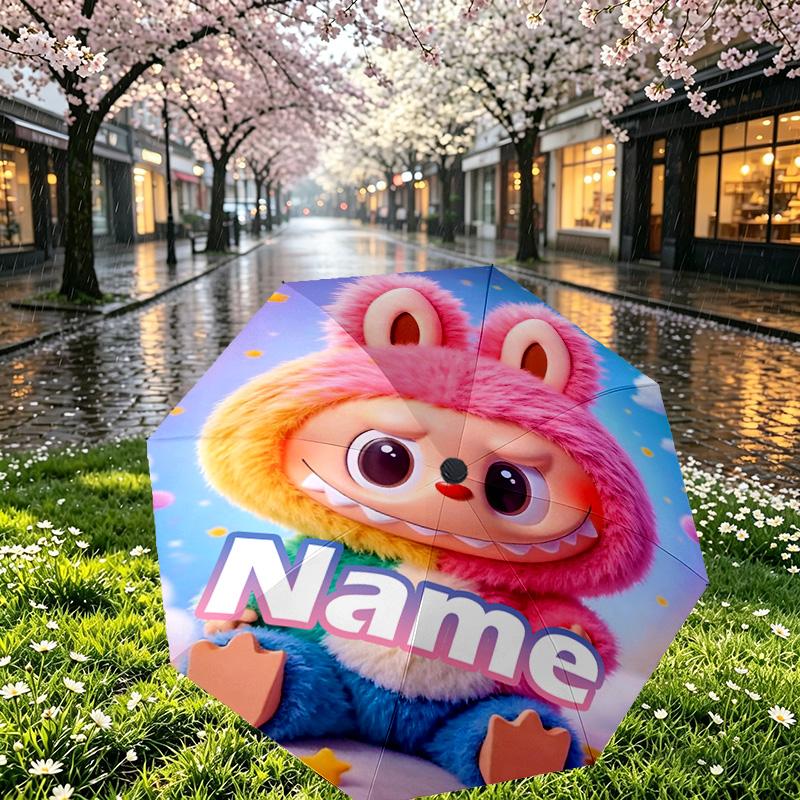 Custom Name Personalized Labubu Print Umbrella, Auto Open Close, 8‑Rib Sturdy Frame, Commute Camping Hiking Use, Birthday Gift