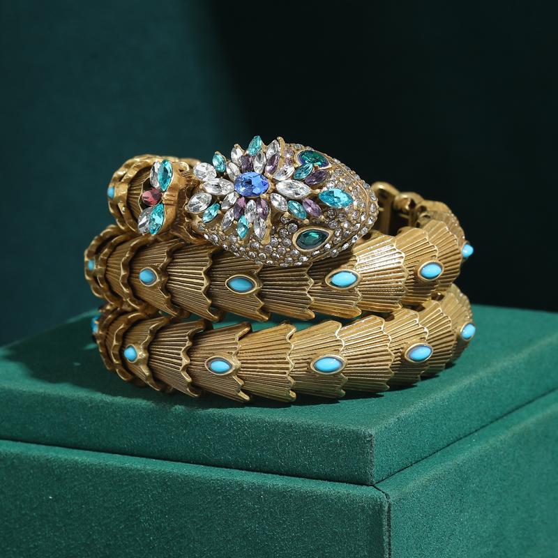 Vintage Large Snake Bracelets Woman Bangles Antique Gold Plated Jewelry Colorful Crystal Decoration Music Party Accessories 2026