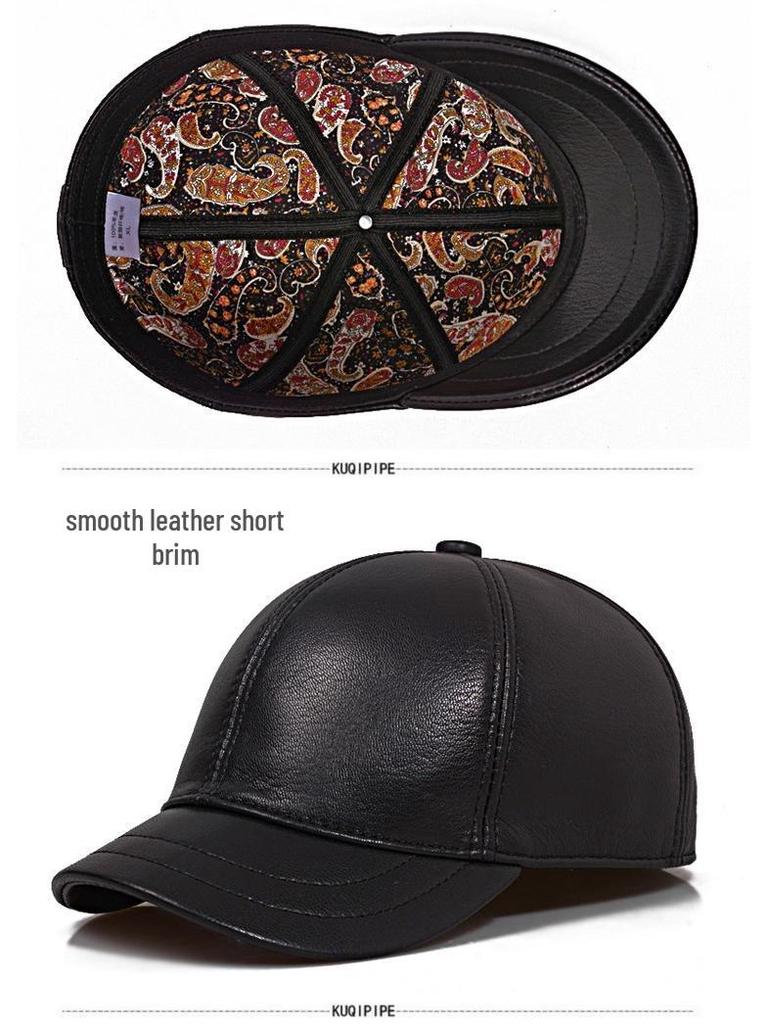 Men's Genuine Sheepskin Leather Baseball Cap - Casual Duckbill Short-Brim Hat for Middle-Aged and Elderly, Spring & Autumn Fashion