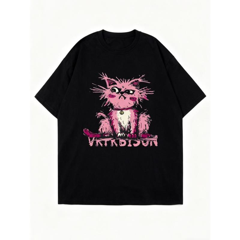 T-Shirt Oversize Gatto Nero Rosa Con Testo Vrtrdisun Grafica Streetwear Moda Abbigliamento Casual