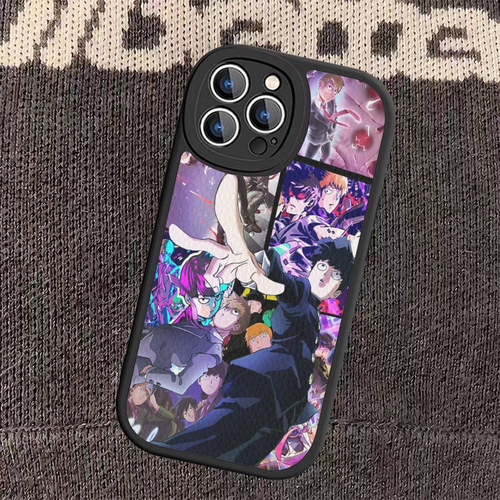 

Amine Mobs Psycho 100 Leather Phone Case For iPhone 16 15 14 13 12 11 Pro Max Plus Shockproof Cover iPhone 14