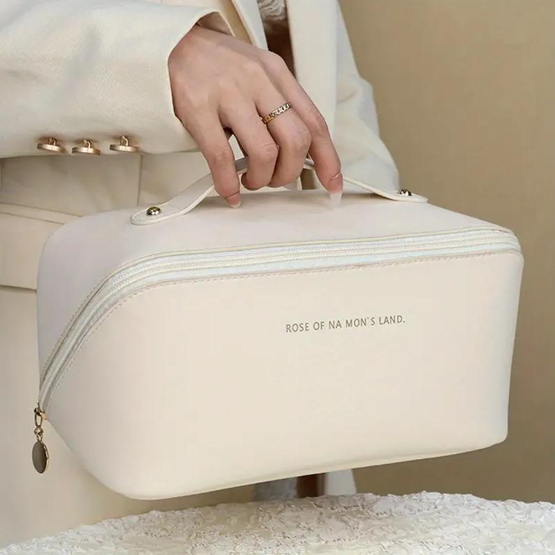 תיק קוסמטיקה נסיעות גדול מעור לנשים ארגונית קוסמטיקה עם קיבולת גבוהה נרתיק אחסון לקופסת איפור לנשים