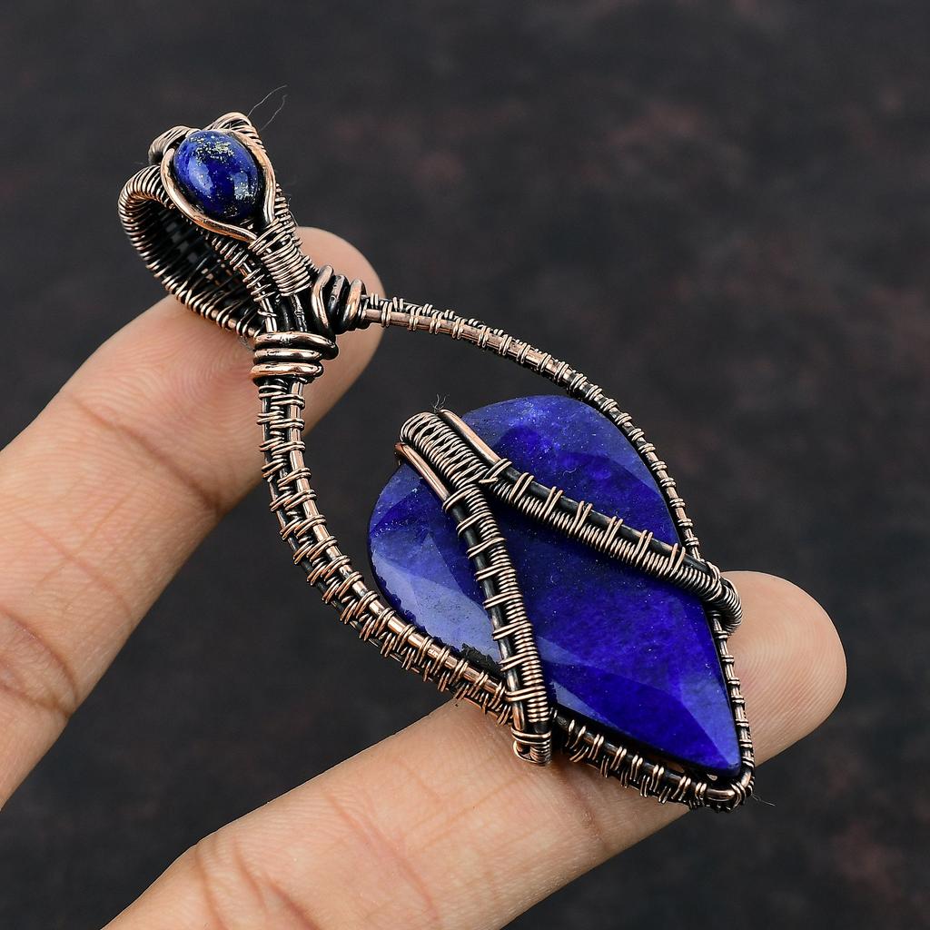 Faceted Blue Sapphire Pendant Copper Wire Wrapped Pendant Lapis Lazuli Gemstone Pendant Antique Copper Jewelry Handmade Jewelry Gift For Him