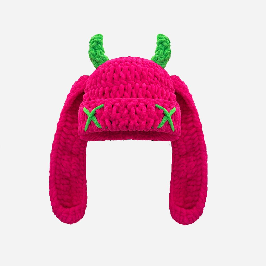 Japanese Popular Funny Devil Corner Crochet Knitted Beanie Hat Handmade Cute Long Ear Warm Cover Warm Wool Hat Spot