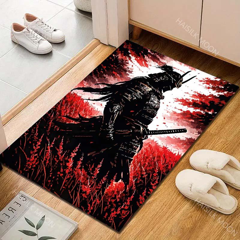 Samurai silhouette in red field Print Carpet Rug for Living Room Bedroom Sofa Doormat Home Decor Non-slip Floor Mat