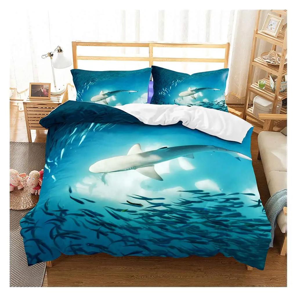 Shark Duvet Cover Ocean Watercolor Fish Quilt Cover Sea Animal Marineland Theme Decoration Bedding For Children Boys Girls Gifts