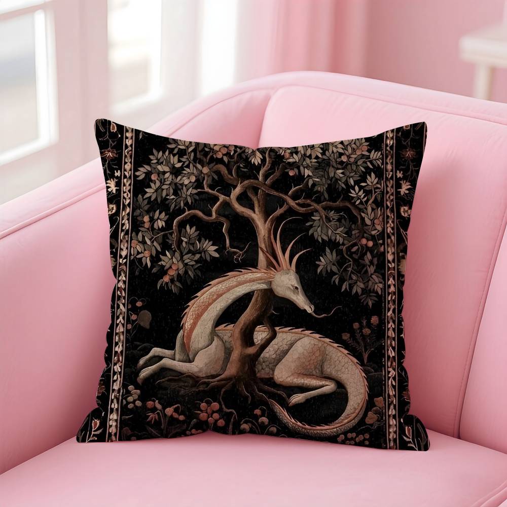 Vintage Medieval Unicorn Art Pillow Case Anti-Dustmite Pillow Invisible Zipper Silky Short Plush Sofa Cushion Cover