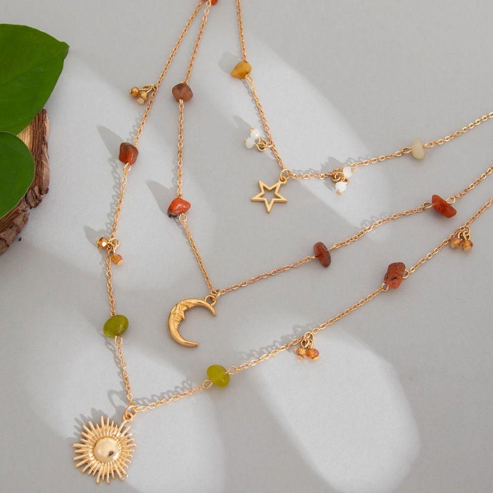 Bead Clavicle Chain Women Sun Moon Star Bowknot Clavicle Necklace Y2K Multilayer Necklace  Girls
