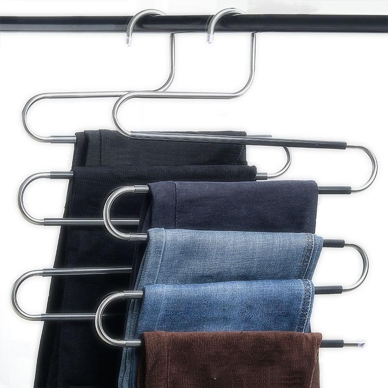 MultiFunctional Stainless Steel Trouser Hanger 5 Layers Pant Storage Cloth Rack S-type Non-slip Drying Rack Bathroom Organizer