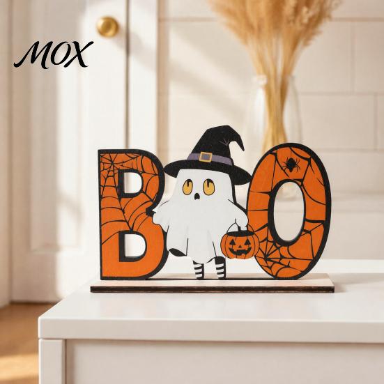 Childlike Halloween Room Accent Wooden Table Sign, Cute Pumpkin Boo Ghost Vibrant Party Prop Tabletop Centerpiece for Indoor Mantel Fireplace