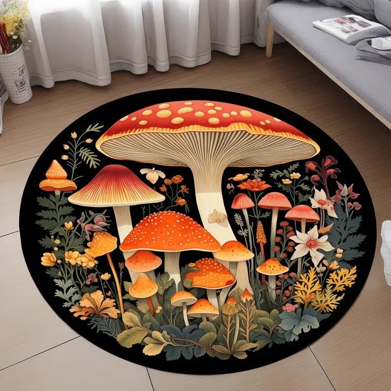 

Mushroom Pattern Circle Carpet Utility Round Rug for Living Room Bedroom Deco Kitchen Under Table Floor Mat Non Slip Vintage Rug 60cm