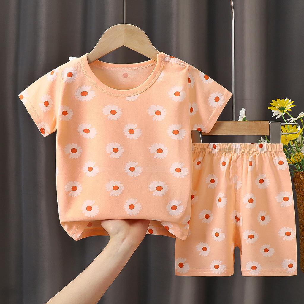 Kids Cotton Short Sleeve 2Pcs Set, Summer Shoulder Snap T-shirt & Shorts for Toddler Boys Girls