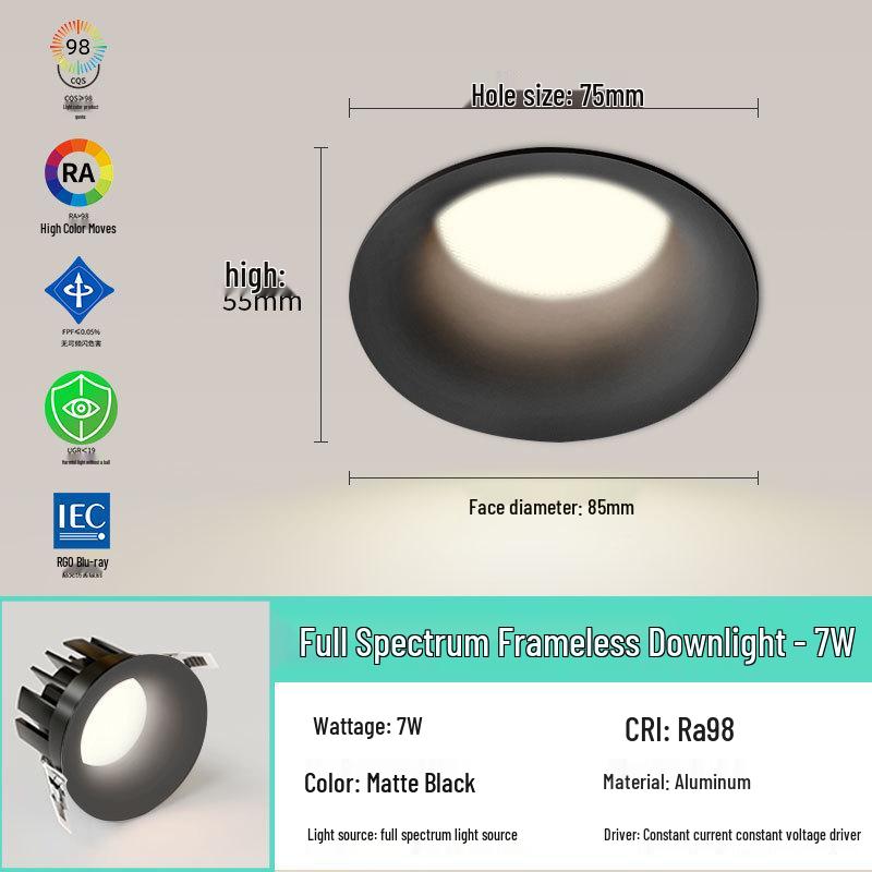 Frameless 75mm LED Downlight, Deep Anti-Glare, Eye-Protective Spotlight for Living Rooms.
