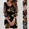 Women's Fashion Casual Long-sleeve V-neck Sexy Mesh Printing Stitching Dress
