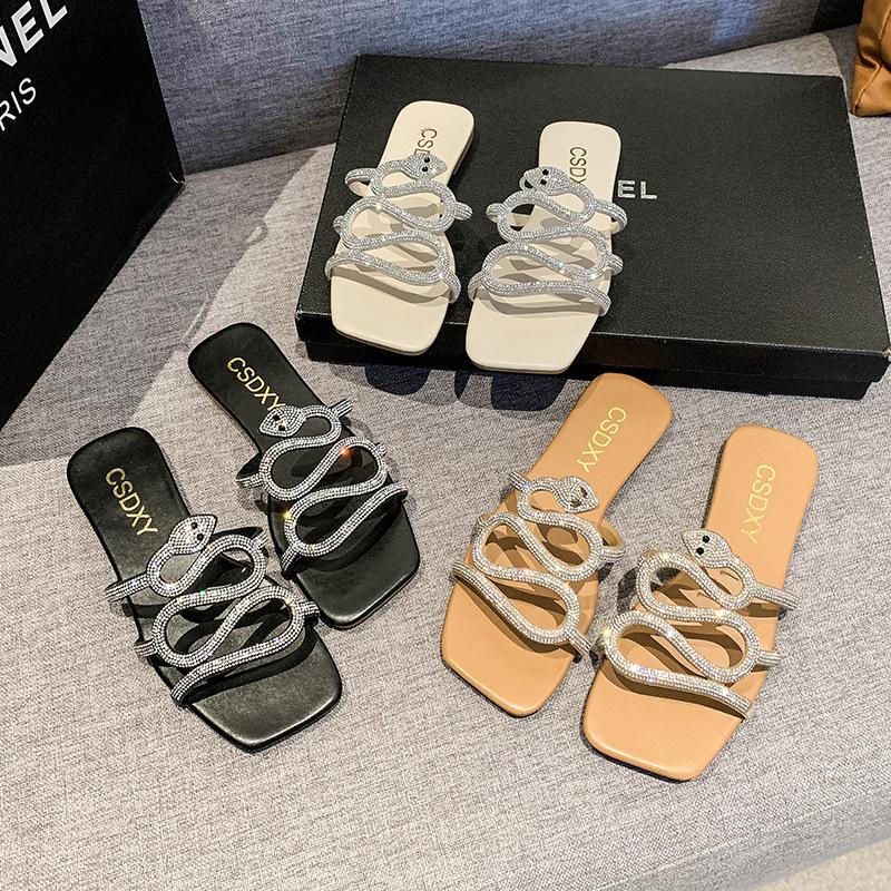 Water Diamond Snakehead Straight Flat Flat Slippers Women's Shoes Square Head Home Slippers Black