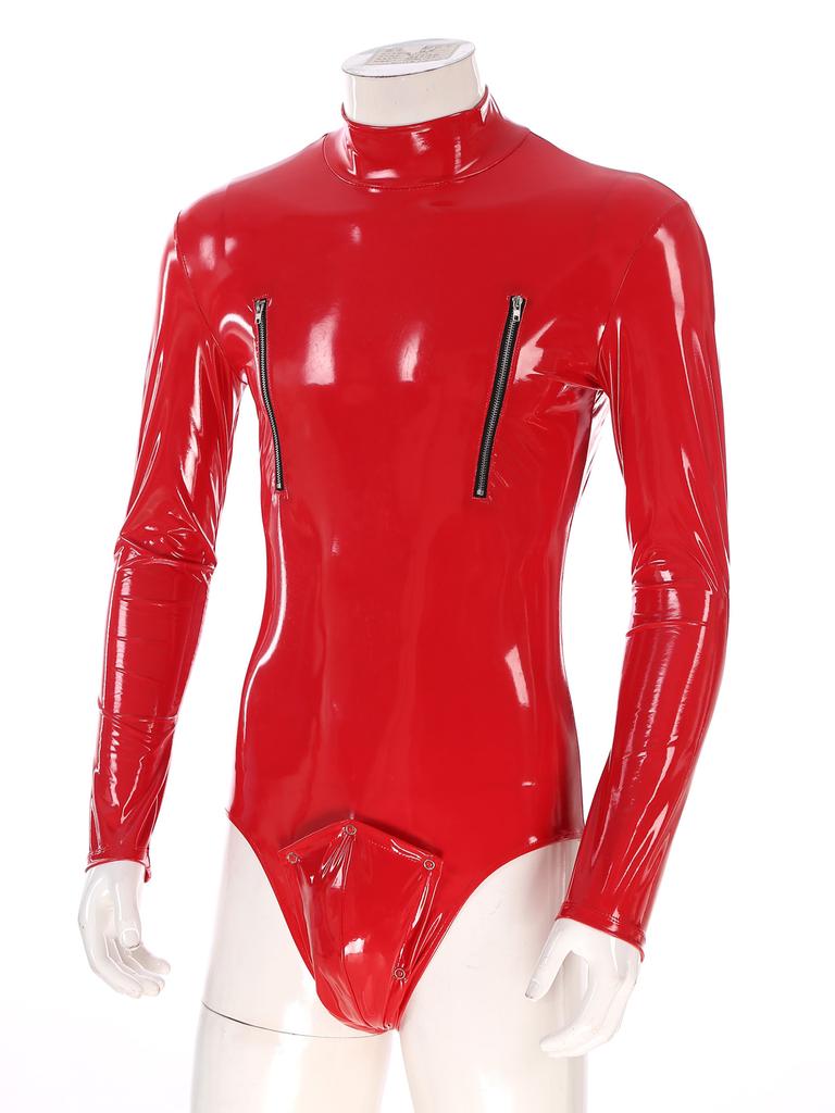 Men Shiny Latex Catsuit Leotard Jumpsuit Slim Fit Long Sleeve Zipper Boxer Bodysuit Leotard Clubwear Pole Dance Rave Costume