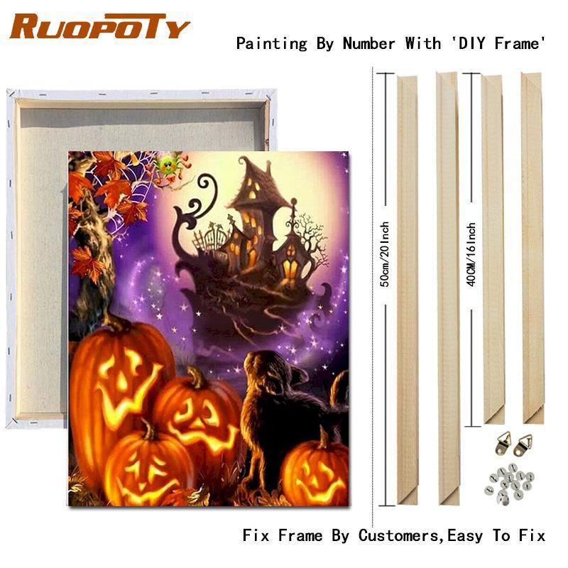 RUOPOTY Painting By Number Cat Animals DIY Frame Acrylic Handpainted Drawing On Canvas Autumn Pumpkin Gift Home Decoration