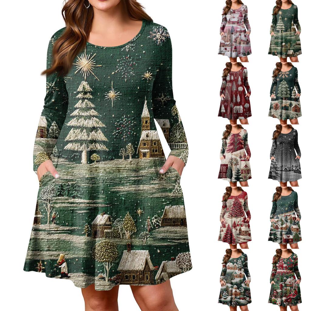 Dámské ležérní šaty s gradientním potiskem, kapsou, kulatým výstřihem a dlouhým rukávem ve větších velikostech na jaro/podzim