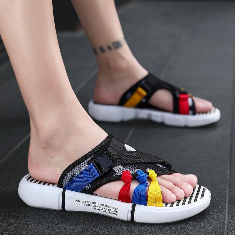 Ins Internet celebrity trend slippers one-word men leather sandals slippers shoes