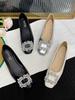 French square head rhinestone single shoes women's 2025 new autumn shallow mouth flat bottom laden shoes soft leather one pedal Doudou shoes