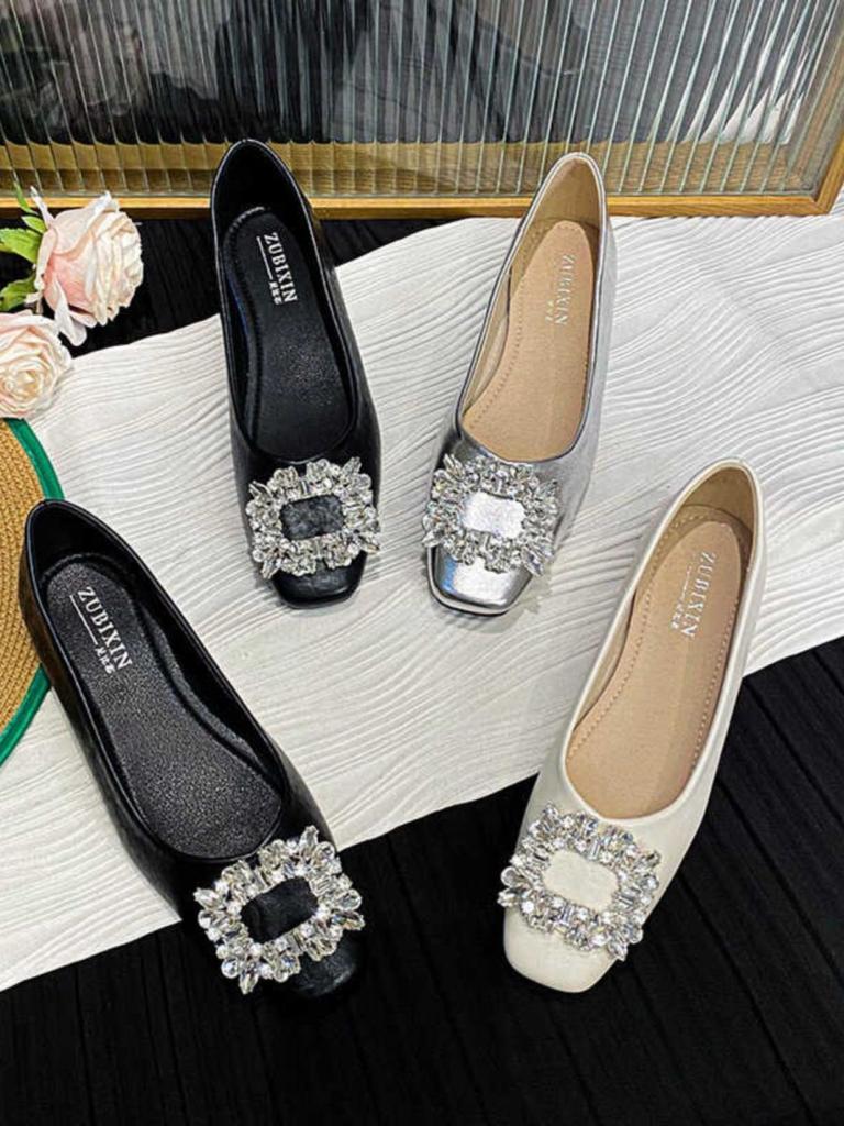 French square head rhinestone single shoes women's 2025 new autumn shallow mouth flat bottom laden shoes soft leather one pedal Doudou shoes