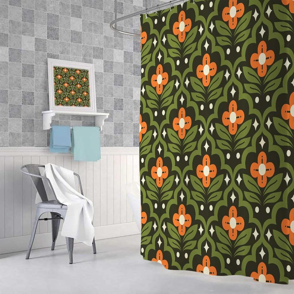 JAWO Vintage Boho Floral Shower Curtain, Green Orange Retro Flower Fabric Shower Curtains Set for Bathroom Decorative, Mid Century Modern Abstract