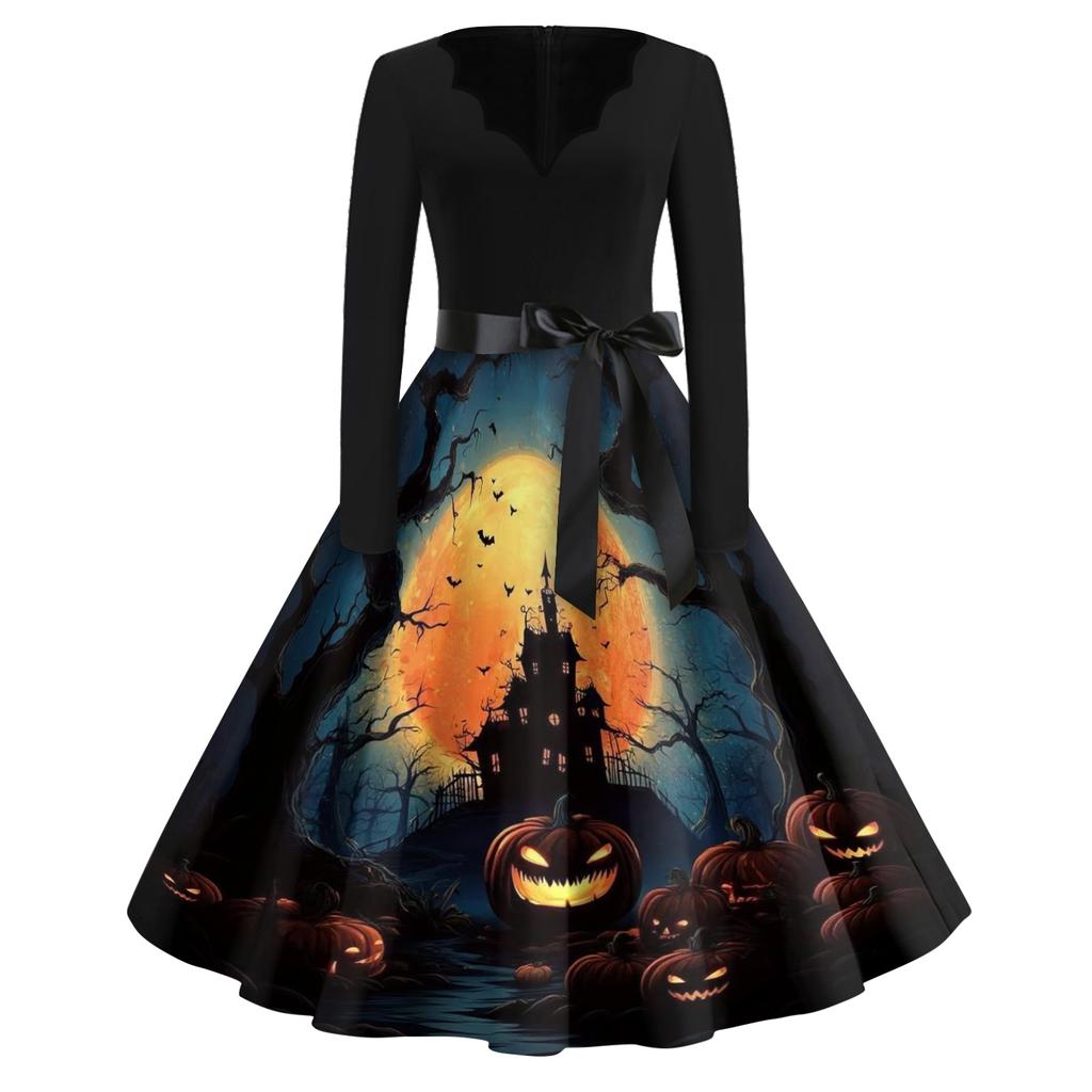 Women Casual Vintage V Neck Dress Halloween Printed Long Sleeve Retro Swing Dress with Waist Tie Belt for Daily Wear
