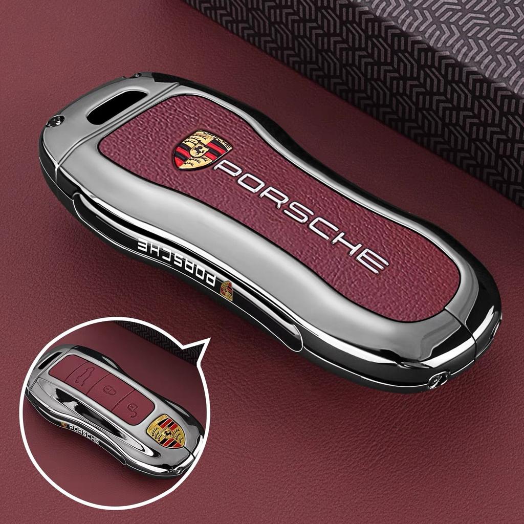 Zinc Alloy Leather Car Key Case Full Cover Protector For Porsche Cayenne Panamera Macan Cayman 718 911 Taycan Accessory Sticker EFD1
