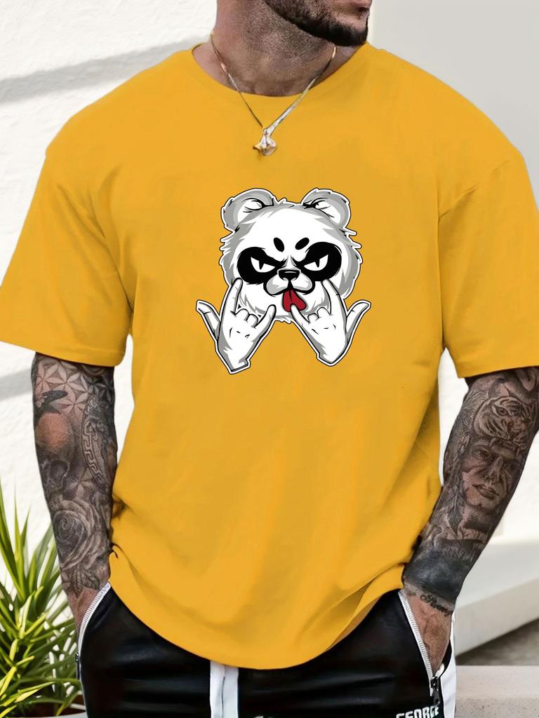 Mens Casual Tshirt Rock Panda Print Short Sleeve Round Neck Breathable Soft Oversized Edgy Trendy Daily Wear Tee