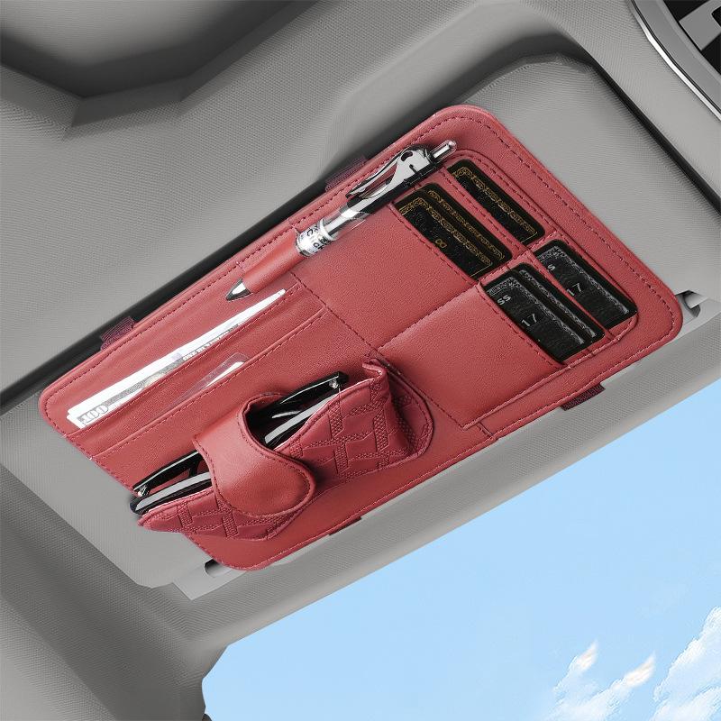 Car Sun Visor Organizer - Premium PU Leather Multifunctional Storage Box with Fashion Glasses Clip, Card Slots & Pen Holders