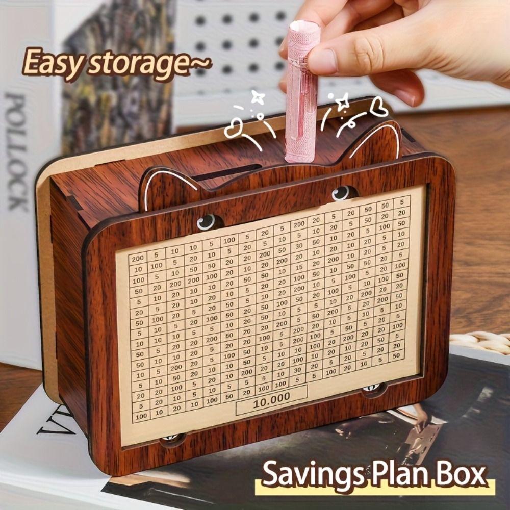 Wooden Money Saving Box Cartoon Cat Design Reusable Money Storage Bank Large Capacity with Goals Counter Piggy Bank