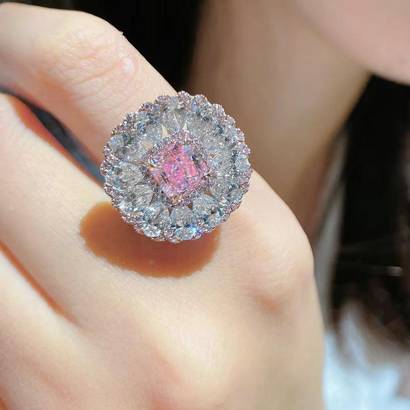Radiant Sakura Pink Adjustable Gem Ring for Women - Luxurious Socialite Style with Micro Pave Diamonds