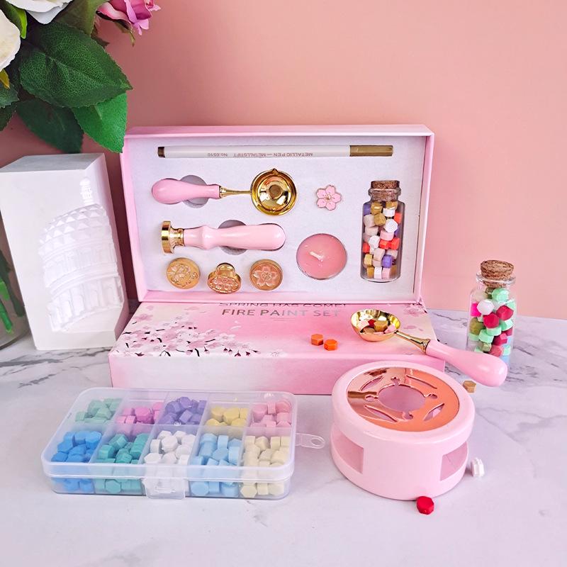 Cherry Blossom Wax Seal Stamp Gift Set: Copper Head, Mixed Color Wax, Spoon & 6-Piece Kit