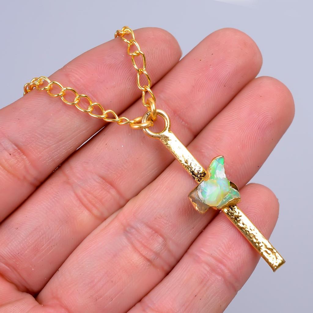 Natural Ethiopian Opal Gold Plated Electroformed Wedding Chain Necklace Jewelry V-79