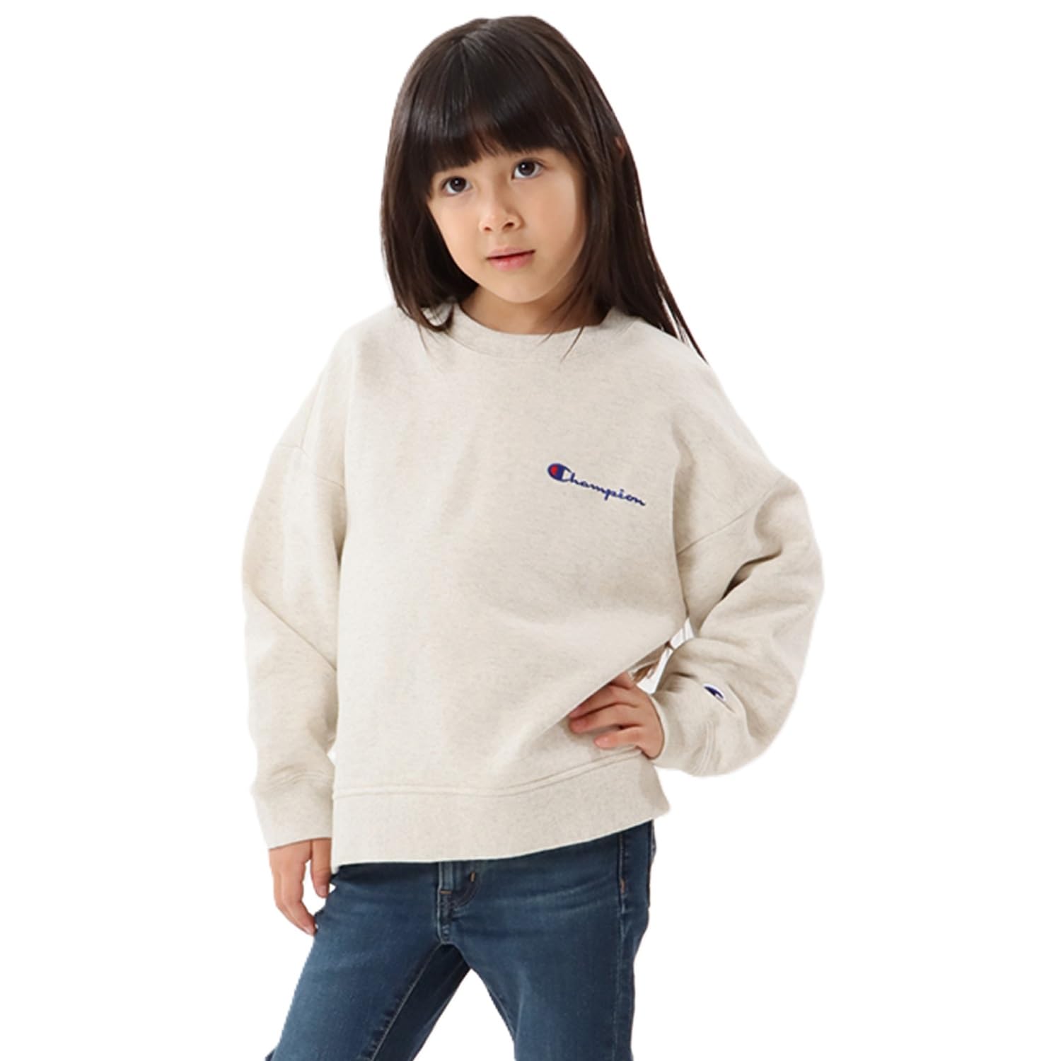 

Champion Long Sleeve Crew Neck USA Script Size 160 Kids Sweatshirt, 100% Cotton, Logo, Basic, Oatmeal, (CK-Y004)