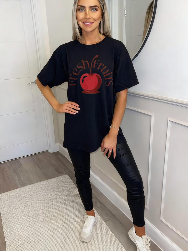Oversized T Shirt Black Fresh Fruits Cherry Print Graphic Tee Casual Summer Wear