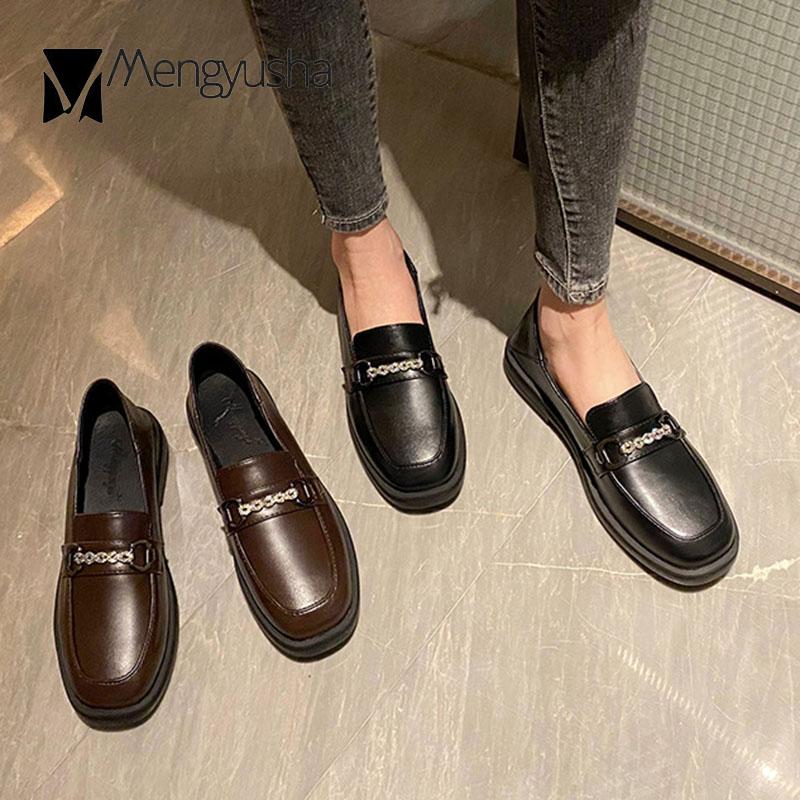 42/43 Plus Size Crystal Chain Derby Shoes Women Loafers Square Toe Flats British Small Leather Shoes Woman Thick Heels Oxfords