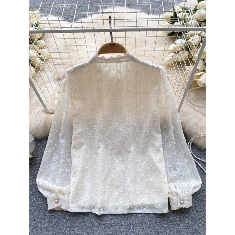 Fashion Stand-up Collar Slim Fit Easiest for Match Puff Sleeve Top Lace