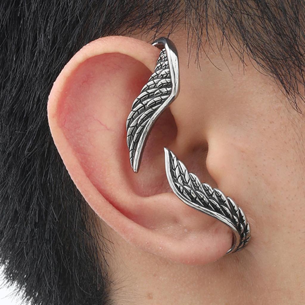 Retro Angel Wing Non - Pierced Ear Clips Stainless Steel Earrings for Men Women Punk Gothic Edgy  Halloween Accessories
