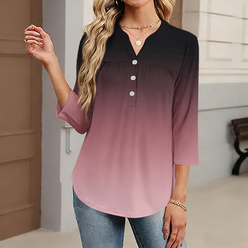 Women's Fashionable Casual Color Block Gradient Print V-Neck Button Three-Quarter Sleeve T-Shirt Top