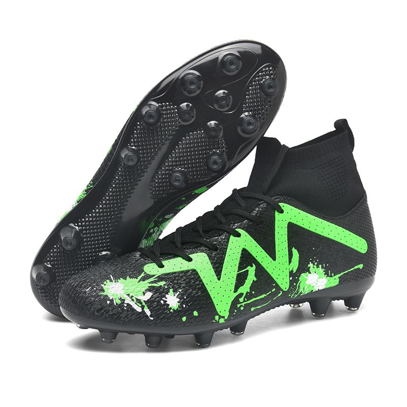 

Мужские футбольные бутсы с высоким берцем, большие размеры, кожаные бутсы с длинными ногтями для мальчиков 35-47, детские футбольные бутсы 47 чёрный/зелёный