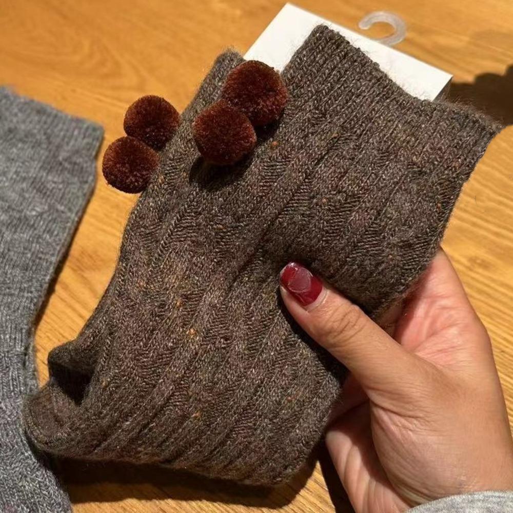 Plush Ball Mid Tube Socks Thick Warm Knit Socks Women Cute Wool Mid-Calf Socks  Girls