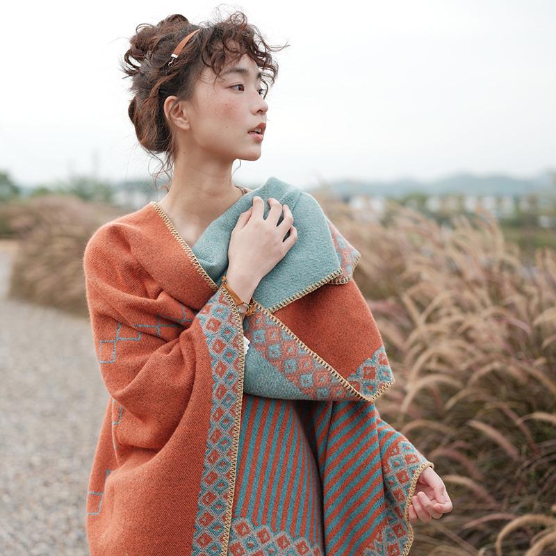 Ethnic Style Imitation Cashmere Shawl: Versatile Travel-Friendly Warm Cloak, Scarf, Resort Cape Outerwear.