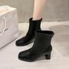 New Winter Elegant Square Toe Solid Color Fashionable High-heeled Women's Shoes Warm Non-slip Casual Thick Heel Women's Boots