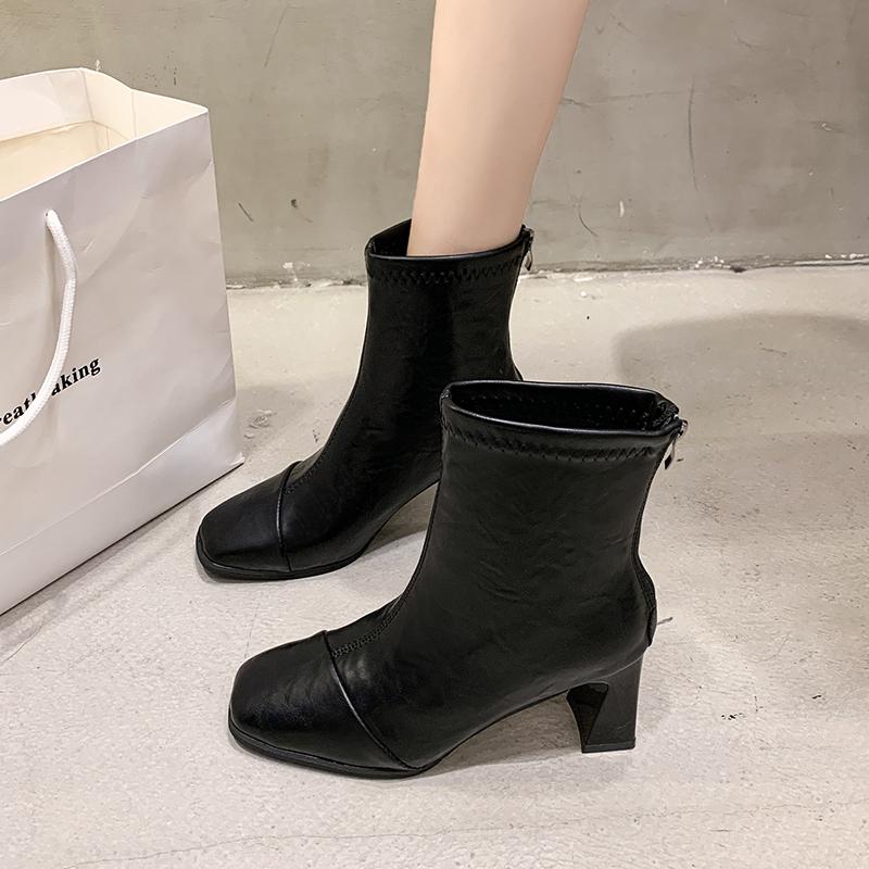 New Winter Elegant Square Toe Solid Color Fashionable High-heeled Women's Shoes Warm Non-slip Casual Thick Heel Women's Boots