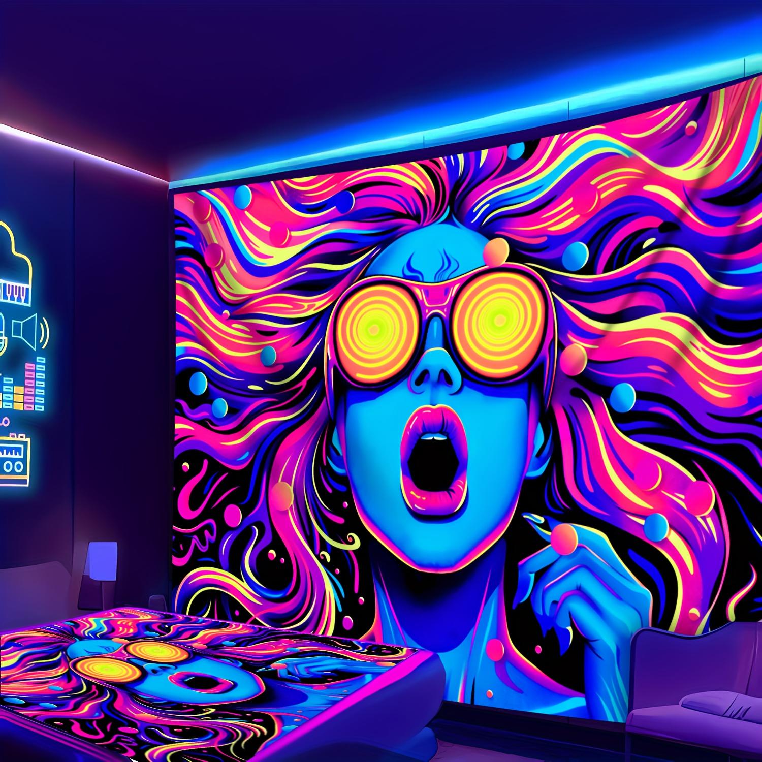 Psychedelic Goddess Tapestry Neon Glow Curly Hair Spiral Glasses Unique Bedroom Music Party Room Decor 100X70CM