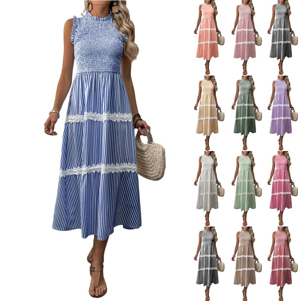 Sleeveless Women's Dress Casual Flowy A-Line Midi Tshirt Dresses With Pockets Crewneck Vocation Boho Beach Sundress